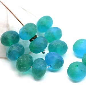 7x11mm Frosted blue green fire polished rondelle seaglass Czech glass beads large rondels 8pc - 1257