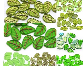 14x9mm Czech glass green leaf beads Olive green pressed glass leaves for jewelry making, 15pc