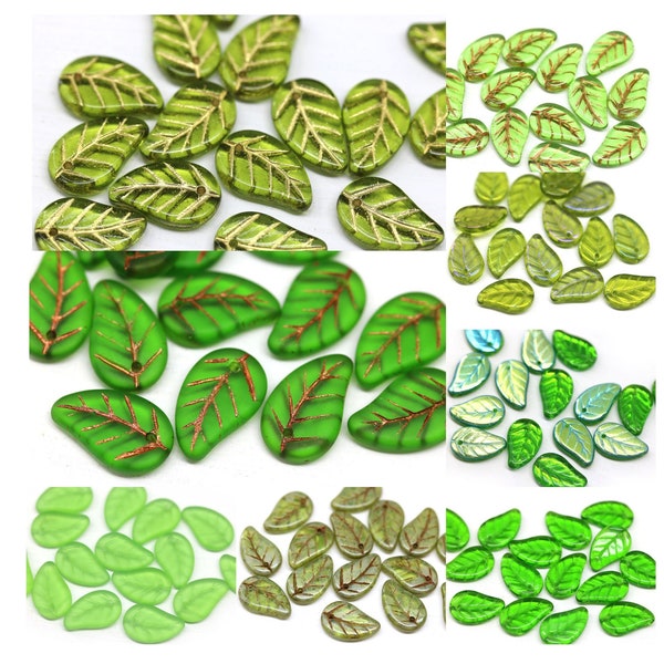 14 x 9 mm Perles de feuille vertes en verre tchèque Feuilles de verre pressé vert olive pour la fabrication de bijoux, 15 pièces