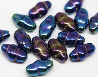 12x7mm Oval czech glass beads Metallic blue purple pressed beads 15pc - 3321