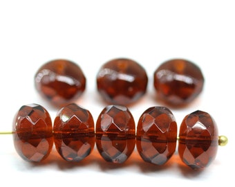 7x11mm Dark topaz fire polished rondelle brown Czech glass beads large rondels 8pc - 3983