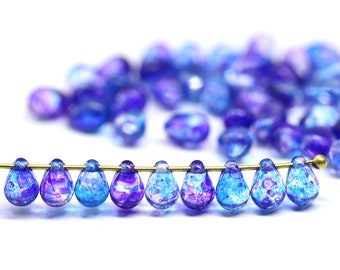 5x7mm Bright blue purple drops czech glass small teardrop beads top drilled, 50pc - 1354