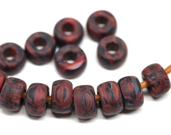 9mm Black red pony beads Dark red matte Czech glass roller beads 3mm hole round spacer beads, 15pc - 3574