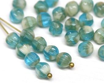 Blue round beads Czech glass melon druk beads for jewelry making 30pc - 3364