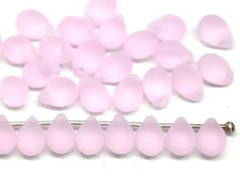 Frosted rose pink 5x7mm teardrop czech glass seaglass pink top drilled drop beads 30pc - 5570