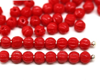 4mm Opaque red round druk beads Czech glass Melon shape beads 50pc - 3422