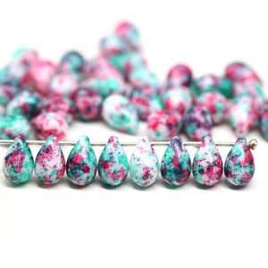 6x9mm Pink green czech glass teardrop beads, bright drops top drilled, 40pc - 2755