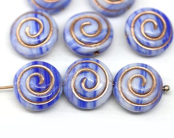 13mm Blue spiral shell Czech glass beads seashells nautilus ammonite fossil, 8Pc - 5986