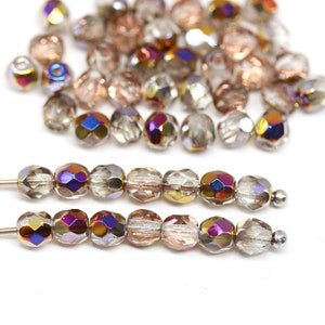 4mm apollo rose gold czech glass beads, AB finish Fire polished round faceted spacers, 50Pc - 1198