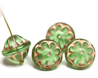 Green large fancy bicone beads, copper stripes carved Czech glass pressed round 12x14mm beads 4Pc - 2567