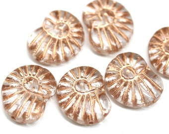 Nautilus Czech glass seashell beads, clear ammonite fossil copper wash 13x17mm, 6Pc - 1777