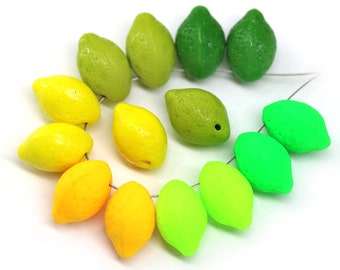 Lemon beads Czech glass lime fruit beads Vegan jewelry 14x10mm