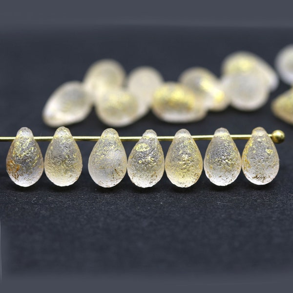 6x9mm Clear czech glass teardrop beads gold flakes Seaglass finish Golden wash top drilled drops 20pc - 5246
