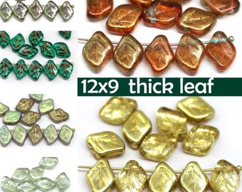 Cuentas de vidrio checo en forma de hoja: pan de oro, perforadas lateralmente (12 x 9 mm, 12 unidades)