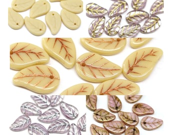 Cuentas de hojas de vidrio checo beige de 14 x 9 mm, hojas de vidrio prensado Picasso para fabricación de joyas, 10 piezas