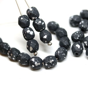 Matte Black Czech Glass Beads: 6mm Silver Flake Faceted Spacers (30Pc)