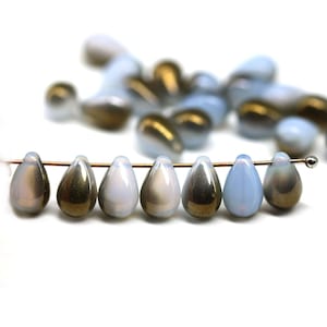 Opal Blue Czech Glass Teardrop Beads with Bronze Luster (30pc)
