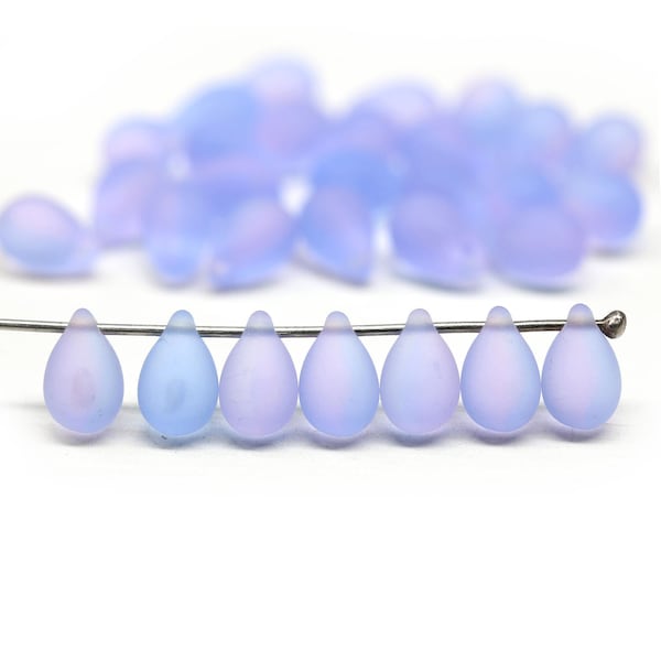 6x9mm Perles tchèques en forme de larme lilas, perles en verre dépoli goutte bleu violet 30pc - 5356