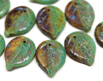 Rustic leaf beads Picasso finish green brown large leaves 18x13mm Czech glass picasso beads 10Pc - 3576