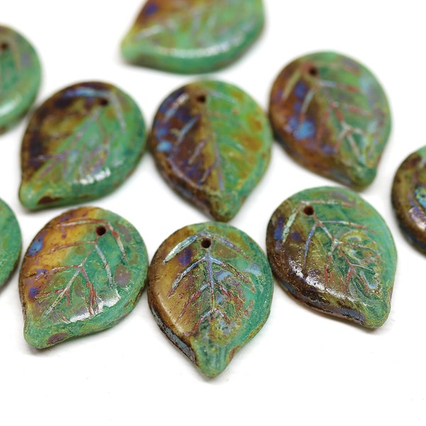 Rustic leaf beads Picasso finish green brown large leaves 18x13mm Czech glass picasso beads 10Pc - 3576