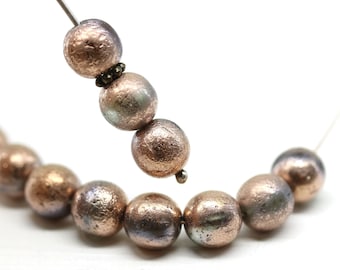 8mm Gray round druk beads copper finish Czech glass pressed beads, 15Pc - 5943