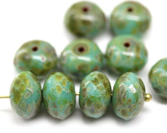 7x11mm Turquoise green fire polished rondelle picasso Czech glass beads large rondels 6pc - 0430