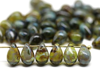 6x9mm Green teardrop Czech glass pressed beads, picasso green drops, 40pc - 1082