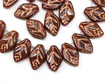 12x7mm Brown copper leaf beads Czech glass beads pressed leaves top drilled 30Pc - 5581