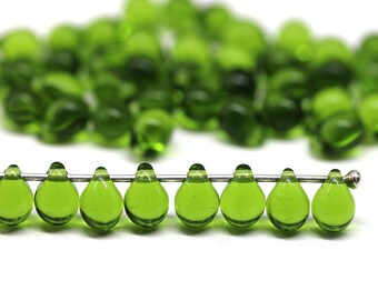 5x7mm Olive green teardrops, Olivine czech glass top drilled drop beads for jewelry making, 50pc - 5226