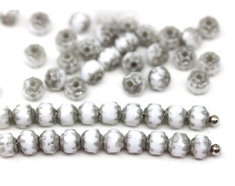 Cuentas redondas de cristal checo de catedral, pequeñas, blancas, de 4 mm, pulidas al fuego, color plata, 50 unidades - 1837