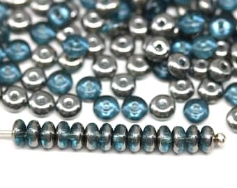 4mm Czech glass blue rondelle beads, dark silver coating spacers rondels - 5322