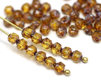 4mm Topaz picasso cathedral czech glass beads, fire polished faceted ball beads 50Pc - 2548