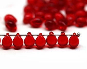 5x7mm Small red teardrops czech glass beads red drops top drilled 50pc - 5279