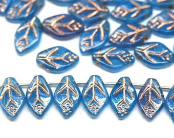 12x7mm Opal blue leaf Czech glass beads Copper inlays 30pc - 5331
