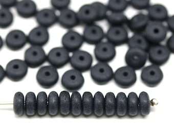 5mm Czech glass matte black rondelle beads, Jet black spacers rondels 100pc - 5264