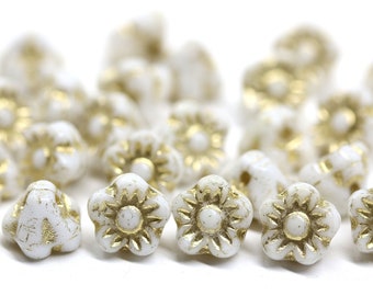 White gold Button style Flower beads, 7mm Czech glass floral beads, 25pc - 2271