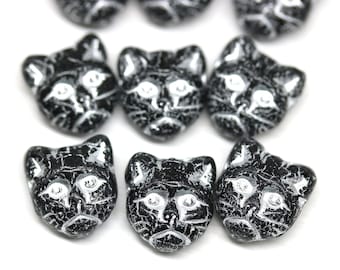 10pc Black cat beads, silver wash czech glass feline kitty beads, hole top to bottom - 0557