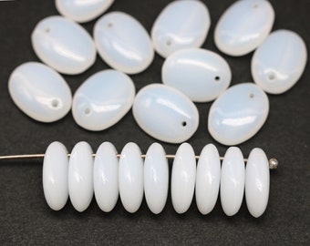12x9mm Opal white glass lentil czech glass beads top drilled oval flat drops, 20Pc - 1375