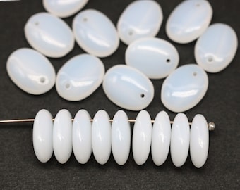 Opal White Czech Glass Lentil Beads: 12x9mm Top Drilled Drops, 20pc