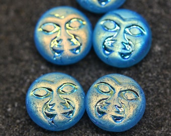 6pc Moon face beads Sea blue celestial beads Bright blue Czech glass tablet beads 13mm - 2121