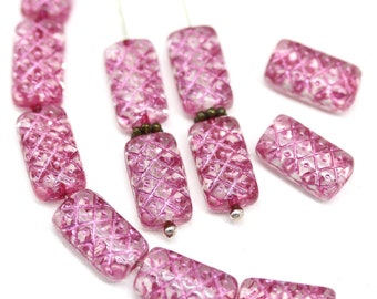 13x7mm Pink ornament rectangle pillow czech glass beads, 12pc - 0915