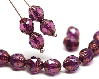Dark purple cathedral czech glass 8x6mm bicone beads fire polished barrel beads 15pc - 5590