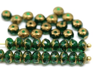 3x5mm Emerald green rondelle beads golden ends Czech glass fire polished rondels 40pc - 2516