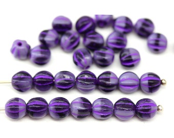 6mm Violet purple czech glass round melon shape beads, 30pc - 1810