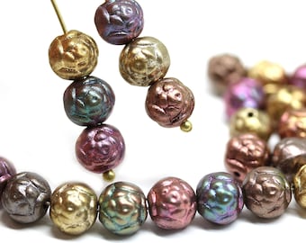 7mm Rose bud beads mix golden copper rose flower round Czech glass beads double sided puffy rose, 30pc - 4001