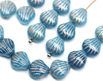 May include: A selection of light blue, heart-shaped beads with copper-coloured, diagonal stripes. The beads are strung together, displaying their glossy finish and intricate design. These decorative beads are suitable for jewellery making.
