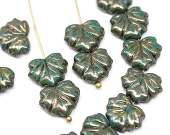 Dark green maple leaf beads luster finish Czech glass leaves pressed beads 11x13mm