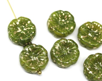 14mm Green pansy flower golden flakes Czech glass flat daisy pressed beads 6Pc - 0355