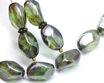 Picasso green glass beads 13x9mm Twisted czech glass barrel beads, 10Pc - 2200