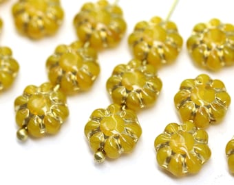 Opal Yellow Czech Glass Flower Beads with Gold Wash (20pc)